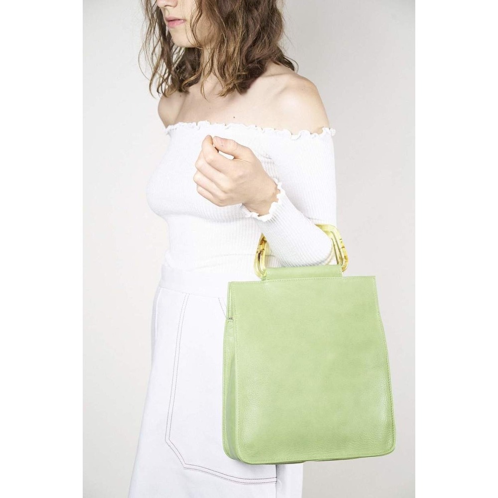 Clyde Rectangle Tortoiseshell Resin Handle Shoulder Bag in‎ Chartreuse Leather